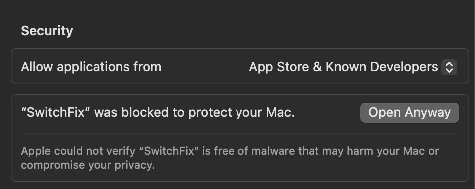 Security section showing SwitchFix was blocked, with the Open Anyway button on the right