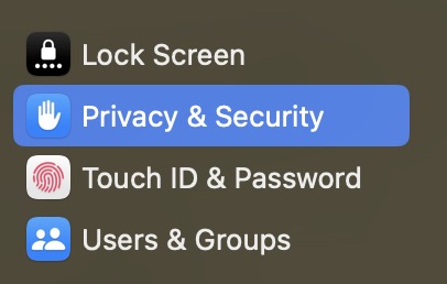 System Settings sidebar with Privacy & Security selected in blue